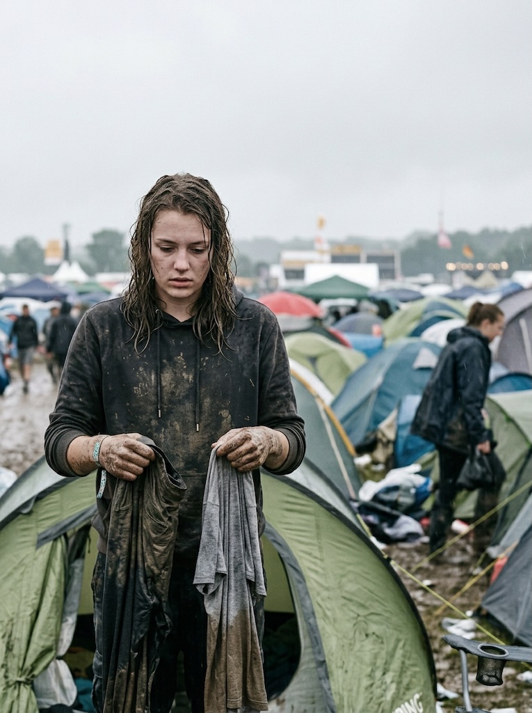 Festival-goer soaked and stuck in mud – the classic festival camping problem