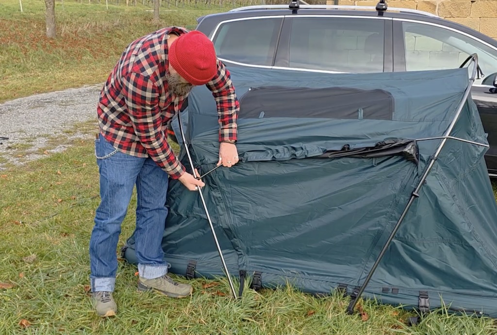 Tent being assembled on the inflated air platform