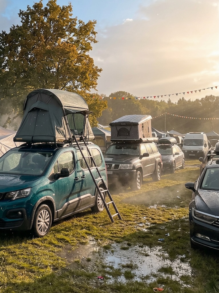 Groenberg WEEKEND rooftop tent on a car roof – dry and elevated at a festival despite puddles and rain