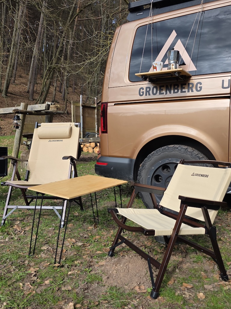 Bamboo camping table in vanlife use